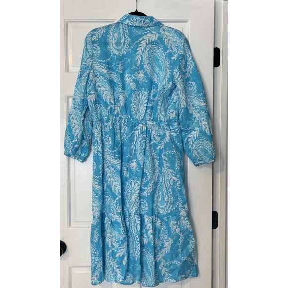 Talbots Linen Midi Dress Womens 8 Blue Floral Button Tie Collar Coastal Beach - Picture 7 of 9